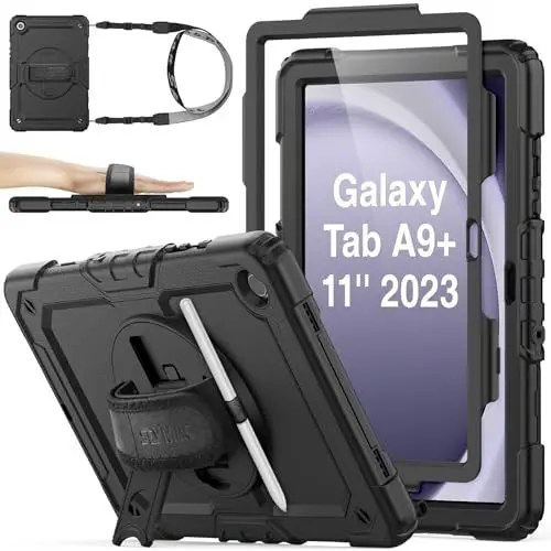 Produktbild: SEYMAC stock Hülle für Samsung Galaxy Tab A9 Plus/ A9+ 11 Zoll, Stoßfeste Hülle mit Displayschutz, 360° Drehbarer Ständer/Handschlaufe, Stifthalter & Schultergurt, Schwarz
