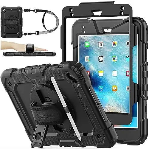 Produktbild: SEYMAC stock iPad Mini 5 Hülle, iPad Mini 4 Hülle Kinder, Schutzhülle mit Bildschirmschutz Stifthalter (360 Drehbarer Handschlaufe)& Ständer für iPad Mini 5./4. Generation 7,9 Zoll 2019/2015 (Schwarz)
