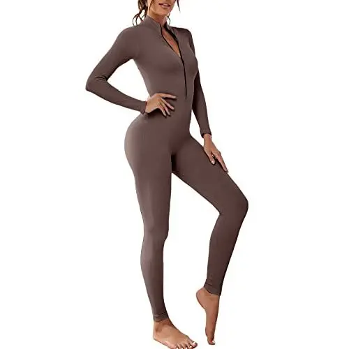 Produktbild: Sfit Damen Sport Jumpsuit Lang Eng Yoga Bodysuit Overall Playsuits mit Reißverschluss V-Ausschnitt Bodycon Strampler Workout Slim Fit Traininganzug(Braun,S)