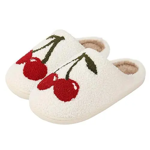 Produktbild: Sfit Hausschuhe Damen Herren Winter Plüsch Pantoletten Flauschige Slippers Niedliche Cartoon Hauspantoffeln Kuschelige Schlappen Warme Schuhe Indoor,Weiß Kirsche,42/43 EU