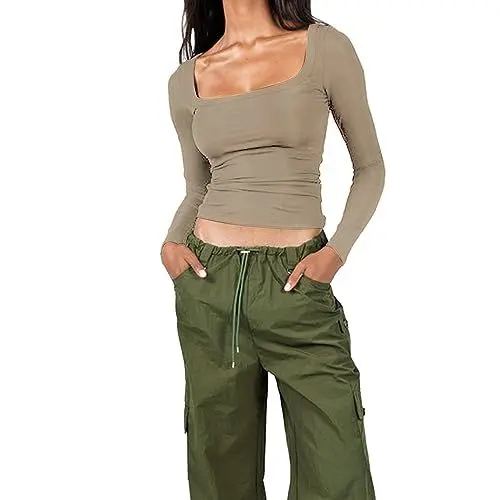 Produktbild: Sfit Langarmshirt Damen Eng Basic Oberteile U-Ausschnitt Y2K Longshirt Croppede Tee Langarm Top Long Sleeve Shirts Slim Fit Teenager Streetwear(U Förmig Beige,M)