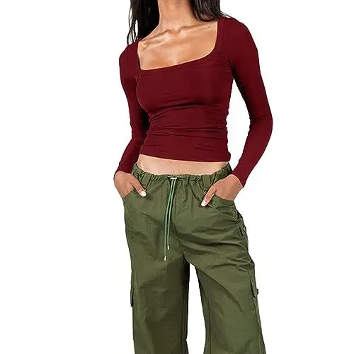 Produktbild: Sfit Langarmshirt Damen Eng Basic Oberteile U-Ausschnitt Y2K Longshirt Croppede Tee Langarm Top Long Sleeve Shirts Slim Fit Teenager Streetwear(U Förmig Weinrot,L)