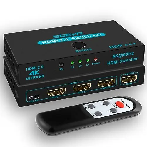 Produktbild: SGEYR Hdmi Splitter, Hdmi Switch, Hdmi Splitter 4k@60Hz, Hdmi Switch 3 In 1 Out, Hdmi Verteiler, Hdmi Mehrfachstecker, Hdmi Splitter mit Fernbedienung, Hdmi Kabel Splitter, fur PS4/3 Xbox Windows