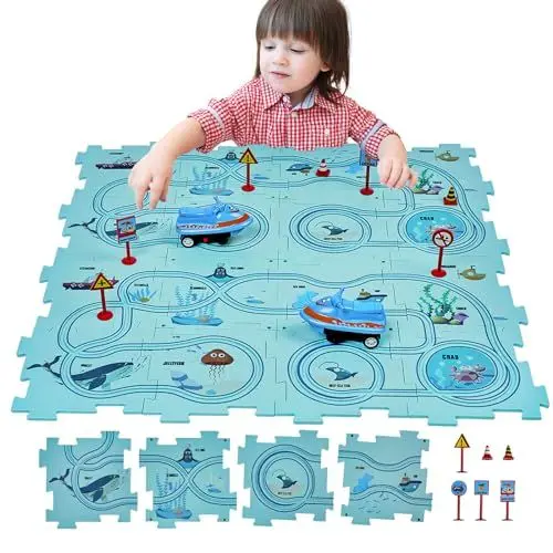 Produktbild: SGILE 30 TLG. STEM Straßenbauer Puzzlespiel für Kinder ab 3 Jahre, Kleinkind, Rennen logisches Puzzle, Labyrinth Brettspiel mit Auto, Spielset Spielzeug für Jungen Mädchen 3-7 Jahre, Geschenk (Ocean)