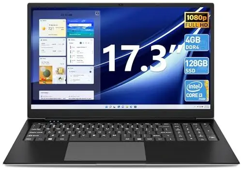 Produktbild: SGIN Laptop 17,3 Zoll, 4GB RAM 128GB SSD ROM Laptop, I3 5005U, FHD IPS, 2 x USB 3.2, Bluetooth 4.2, Dual Band WiFi, erweiterbarer Speicher 512 GB TF