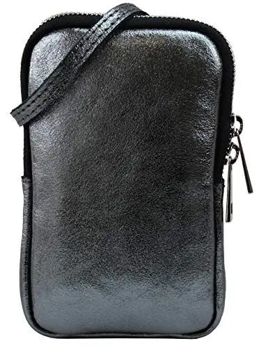 Produktbild: SH Leder Damen Echtleder Handytasche Umhängetasche Geldbörse Multifunktion Beutel Mini Bote Abnehmbar Verstellbar Schultergurt Handy bis 6,8 Zoll 11x18cm Jana G269 (Antrazit Metallic)