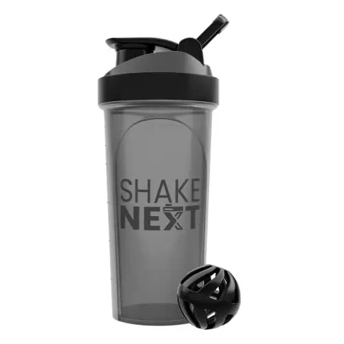 Produktbild: ShakeNext® | Proteinshaker Flasche 700ml mit Mixball Kunststoff für Fitness Eiweiß & Protein-Shakes - Auslaufsicherer Deckel mit Schlaufe, Spülmaschinenfest, passt in Getränkehalter (schwarz)