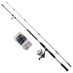 Produktbild: Shakespeare Salt Seabass Searcher Combo Set, Angelrute und Rolle Combo, Spinning-Kombination inklusive Hartschalenkoffer, Köder und Endgerät, Inshore-Angeln, Seabass, Blau & Weiß, 2,70 m, 40-80 g