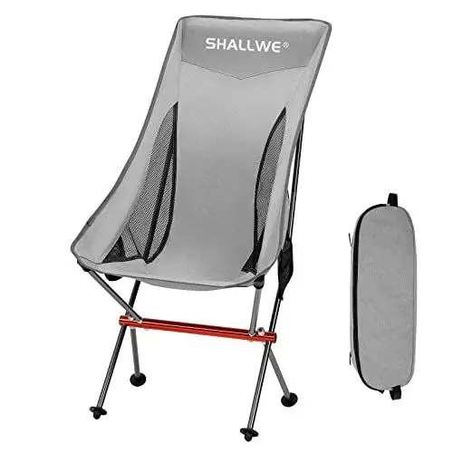 Produktbild: SHALLWE Ultraleichter, klappbarer Campingstuhl mit hoher Rückenlehne, verbesserte Aluminium-Struktur, Seitentasche und Tragetasche, kompakt und strapazierfähig für Outdoor-Rucksackreisen (Grau)