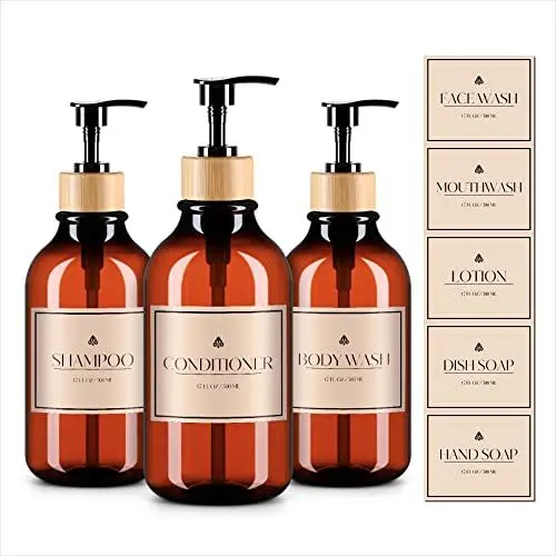 Produktbild: Shampoo Flaschen zum Befüllen, Seifenspender, Pumpflasche, Shampoo Duschgel Spender für Küche Bad Flüssigseifen, 3er-Pack 500 ml mit 8 Wasserfeste Etiketten Braun