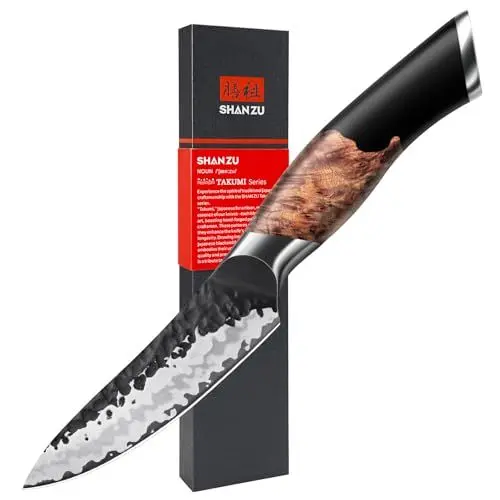 Produktbild: SHAN ZU 9 cm Gemüsemesser, Handgeschmiedetes Japanisches Obstmesser 7 Schichten Hochwertigem Carbon Stahl Extra Scharfe Schälmesser mit Ahornholzgriff