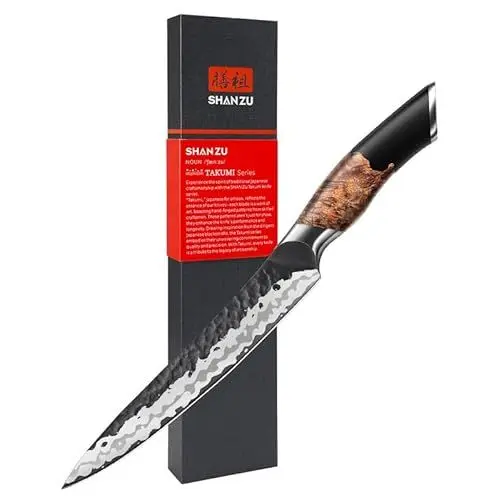 Produktbild: SHAN ZU Allzweckmesser Japanisches Kochmesser, 7 Schichten Hochwertigem Carbon Stahl Tranchiermesser, Ultra Scharf Profi Küchenmesser mit ergonomischem Ahornholzgriff Utility Knife