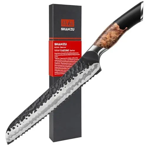 Produktbild: SHAN ZU Brotmesser mit Wellenschliff Profi 20 cm aus 7 Schichten Hochwertigem Rostfreiem Carbon Stahl, Extra Scharfe Messerklinge mit Ergonomischem Ahornholzgriff
