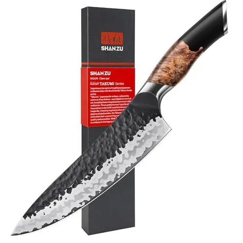 Produktbild: SHAN ZU Handgeschmiedetes Japanisches Messer Küchenmesser 20cm, 7 Schichten Hochwertigem Carbon Stahl Scharf Kochmesser Profi Messer Gyuto Allzweckmesser Fleischmesser mit Ahornholzgriff