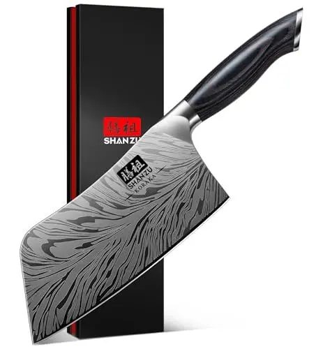 Produktbild: SHAN ZU Küchenmesser aus Pulverstahl, 18 cm Japanisches Hackmesser Kohlenstoffreicher 63 HRC-Stahl Gemüseschneider Professionelles Kochmesser mit 12°-Schärfe und Ergonomischem Pakkaholzgriff