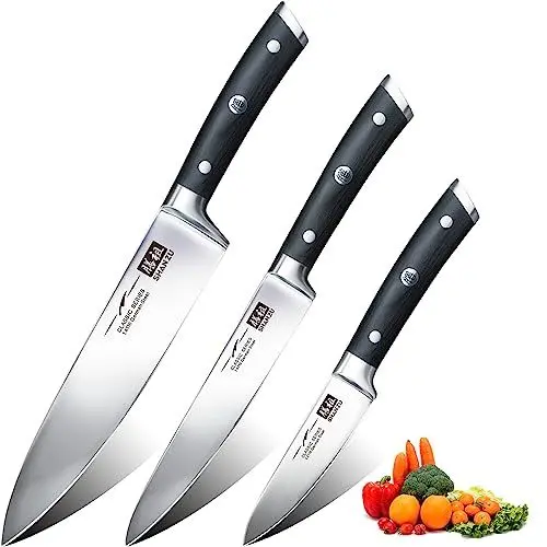 Produktbild: SHAN ZU Messerset 3-tlg, Profi Küchenmesser Kochmesser Set aus Deutscher Edelstahl Extra Scharfe Messer Set, 20cm Chefmesser & 15cm Allzweckmesser & 9.5cm Schälmesser