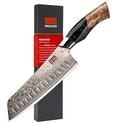 Produktbild: SHAN ZU Kupfer Damastmesser Santokumesser Kochmesser Handgeschmiedetes Japanisches Scharfe Messer, 33 Schichten Damaststahl Profi Damast Küchenmesser 18CM - VENUS Series