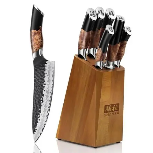 Produktbild: SHAN ZU Messerset 7 teilig, Japanisches Küchenmesser Set mit Block, 7 Schichten Hochwertigem Carbon Stahl Scharf Messerset für die Küche, Professionelles Kochmesserset mit Schärfer