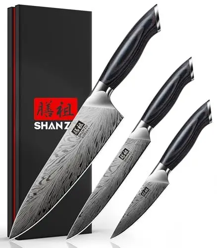 Produktbild: SHAN ZU Messerset aus Pulverstahl, Küchenmesserset 3-tlg, Scharfes Japanisches Kochmesserset aus Hochhartem Edelstahl mit Ergonomischem Holzgriff, Inklusive Kochmesser, Allzweckmesser, Schälmesser