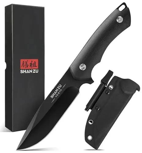 Produktbild: SHAN ZU Outdoor Messer Feststehende Klinge, Survival Messer Gürtelmesser Jagdmesser aus D2 Stahl mit Scheide und Feuerstahl, Perfektes Scharfes Camping Messer (Schwarz)