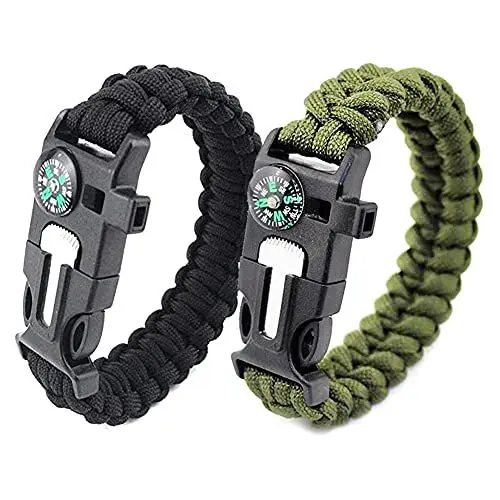 Produktbild: Shao hua Überlebensarmband | Multifunktionales Überlebensarmband | Schnalle, Kompass, Rettungsschwimmerpfeife, 5 in 1 Sportcamping Outdoor-Aktivitäten (2 Stück, schwarz + grün)