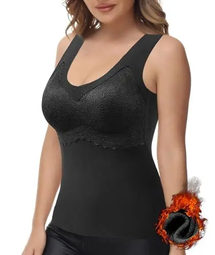 Produktbild: SHAPEBUS Thermo Unterhemd Damen Thermohemd Damen Thermo Top Oberteil Damen Thermounterhemd Thermounterwäsche Damen Thermo Tank Top Damen Unterhemden mit Spitze Ärmellos Schwarz 3XL