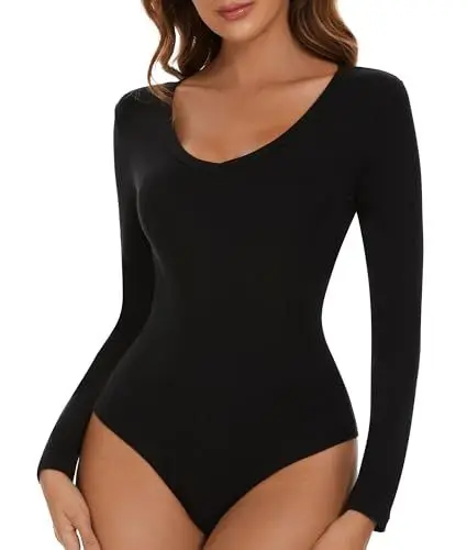 Produktbild: SHAPERIN Damen Body Langarm V-Ausschnitt Bodysuit Langarmshirt Damenbody Tanga Long Sleeve Bodysuits V Neck Tops Unterziehbody Schwarz S