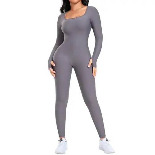Produktbild: SHAPERIN Damen Jumpsuit Yoga Langarm Trainingsanzüge Hohe Taille Sportkleidung Damen Set Bodycon Bodysuit Overall Romper Long Sleeve Hosenanzug Grau S
