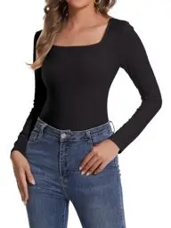 Produktbild: SHAPERIN Damen Oberteil Eckiger Ausschnitt Langarm Unterhemd Langarmshirt Elegant Bluse Einfarbige T-Shirt Top, Schwarz, XXL