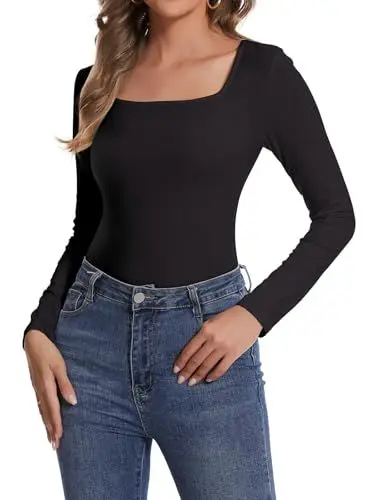 Produktbild: SHAPERIN Damen Oberteil Eckiger Ausschnitt Langarm Unterhemd Langarmshirt Elegant Bluse Einfarbige T-Shirt Top, Schwarz, XXL