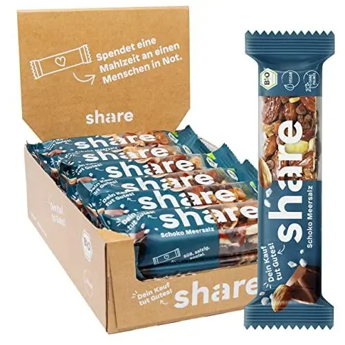 Produktbild: share Bio Nussriegel Schoko & Meersalz 15 x 35 g – Vegan – Ohne Palmöl – Bio Snackriegel mit Mandel, Haselnuss, Schokolade & Meersalz – Spendet Mahlzeiten