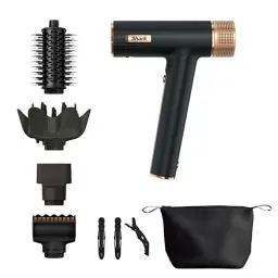 Produktbild: Shark SpeedStyle Haartrockner & Gloss-Finishing-Aufsatz, Aufbewahrungstasche, Haarklammer, 5 Aufsätze, alle Haartypen, schnelles Trocknen, ohne Hitzeschäden, Schwarz/Kupfer HD353BKEU