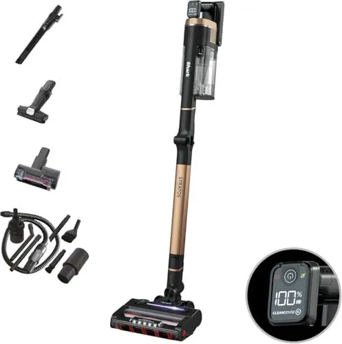 Produktbild: Shark Stratos Akku-Staubsauger freistehend, bis 60 Min. Laufzeit, kabellos, beutellos, für Tierhaare, Allergiker, Teppich und Hartböden, mit Auto-Kit und Knickgelenk-Rohr, grau/roségold, IZ400EUTBK