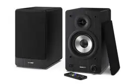 Produktbild: SHARP CP-SS30 2-Wege-Lautsprecher aktiv, 60 Watt (2x30 W) Holzgehäuse (Bluetooth 5.0, USB, Optisch, AUX, Cinch), Bass- und Höheneinstellung, abnehmbare Gitter, Fernbedienung, schwarz