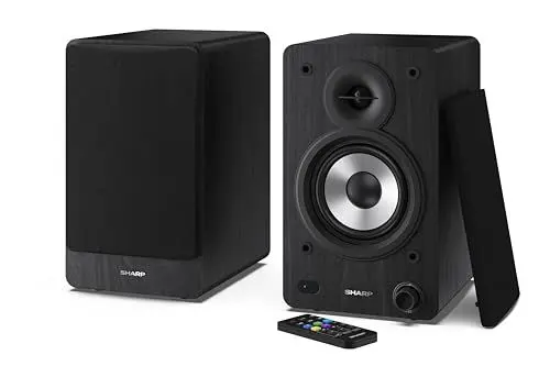 Produktbild: SHARP CP-SS30 2-Wege-Lautsprecher aktiv, 60 Watt (2x30 W) Holzgehäuse (Bluetooth 5.0, USB, Optisch, AUX, Cinch), Bass- und Höheneinstellung, abnehmbare Gitter, Fernbedienung, schwarz