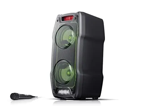 Produktbild: SHARP PS-929 Bluetooth Party-Lautsprecher (180 Watt, integrierter Akku mit 13 Stunden Spielzeit, Super Bass, LED-Lichteffekte, inkl. Mikrofon), schwarz