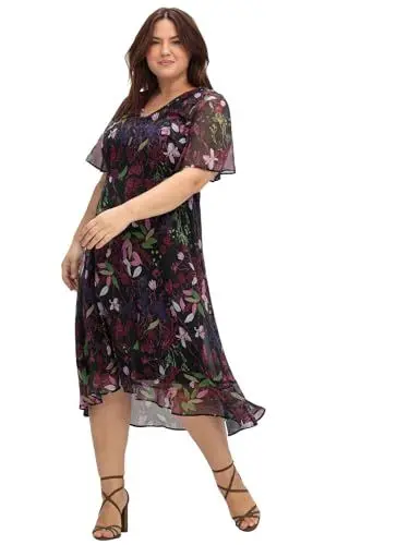 Produktbild: Sheego Damen Große Größen Chiffonkleid mit Blumendruck und Volant am Saum Citywear feminin V-Ausschnitt Volants