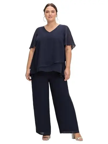 Produktbild: Sheego Damen Große Größen Georgette-Overall im Lagenlook, mit weitem Bein Abendmode elegant V-Ausschnitt Strasssteine