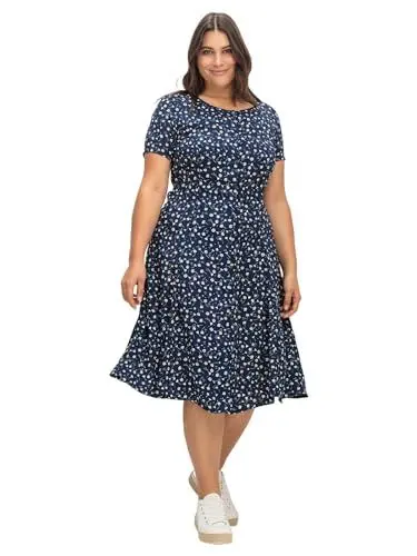 Produktbild: Sheego Damen Große Größen Kleid aus Crêpe, mit Bindeband im Rücken Citywear feminin Rundhals-Ausschnitt Knopfleiste