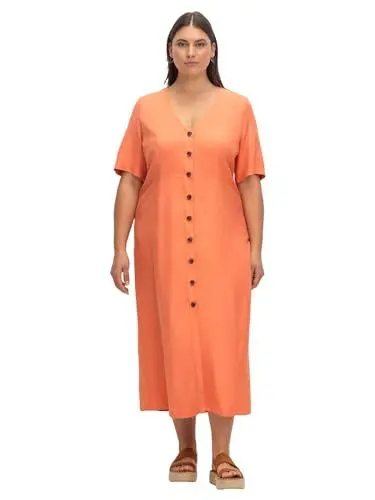 Produktbild: Sheego Damen Große Größen Maxikleid im Leinen-Mix, mit Knopfleiste Citywear klassisch V-Ausschnitt -