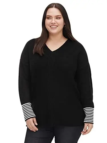 Produktbild: Sheego Damen Große Größen Pullover mit geringeltem Ärmelbündchen Freizeitmode sportlich V-Ausschnitt -