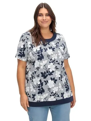 Produktbild: Sheego Damen Große Größen Shirt in A-Linie, mit Blumendruck und Streifen Freizeitmode sportlich Rundhals-Ausschnitt -