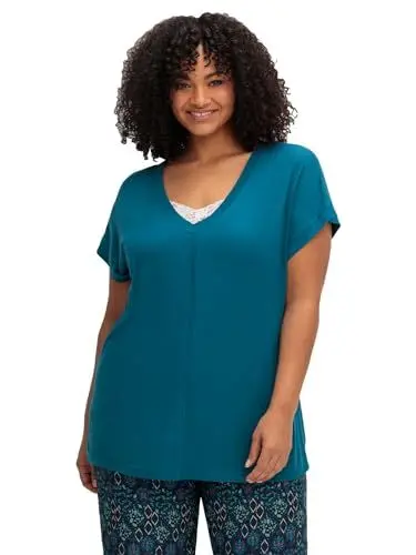Produktbild: Sheego Damen Große Größen Shirt mit V-Ausschnitt und Zierpaspel vorn Freizeitmode feminin V-Ausschnitt -