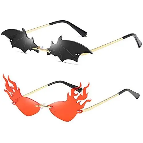 Produktbild: SHEEN KELLY 2 Stück Fire Flame Sonnenbrille Fledermaus Sonnenbrille Herren DamenRetro Randlose Sonnenbrille für Party (Rot und Schwarz)