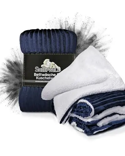 Produktbild: Sheepwell® Flauschige Plüsch Bettwäsche Navy Blue weiß Bettwäsche 135x200, Kissenbezug 80x80 Winterbettwäsche, Kinderbettwäsche, Fellbettwäsche kuschelig warm, Flanell, kuschelweich, bügelfrei