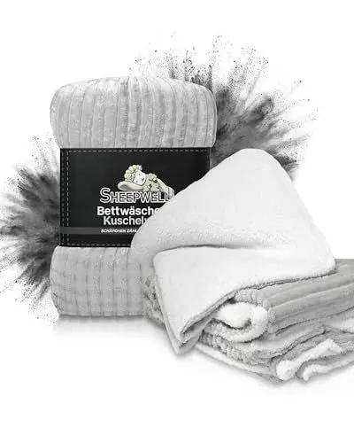 Produktbild: Sheepwell® Flauschige Plüsch Bettwäsche grau weiß Bettwäsche 135x200, Kissenbezug 80x80 Winterbettwäsche, Kinderbettwäsche, Fellbettwäsche kuschelig warm, Flanell, kuschelweich, bügelfrei …