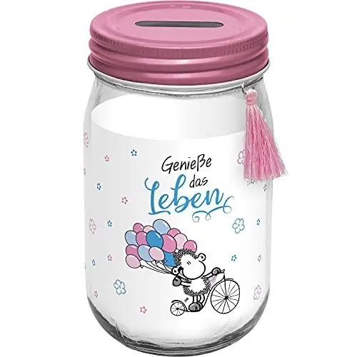 Produktbild: Sheepworld Sparglas Motiv Genieße | Spardose mit Deckel, Höhe 13,8 cm | Geschenk, Geburtsag, Hochzeit, Geldgeschenk | 47115