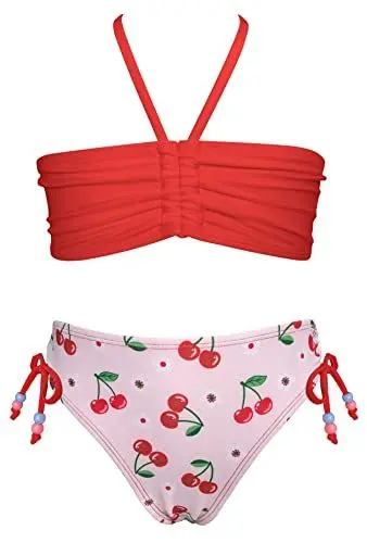 Produktbild: SHEKINI Bikini Mädchen Zweiteiliger Badeanzug Gesmokte Verstellbarer Zugband Bandeau Neckholder Bademode mit Triangel Gedruckt Hawaiian Badehose für 6-14 Jahre(8-10 Jahre,Rot)