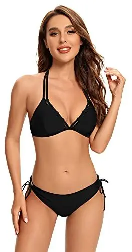 Produktbild: SHEKINI Damen Bikini Set V-Ausschnitt Neckholder Bikinioberteil Rückenfrei Zweiteiliger Badeanzug Triangel Bikinihose(Schwarz,L)
