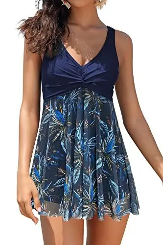 Produktbild: SHEKINI Damen Mesh Einteilige Badeanzug Badekleid Ruched Bauchweg V-Ausschnitt mit Brustpolstern Schwimmkleid Große Größe Baderock Badeanzugkleid(XL,C-dunkelblau)
